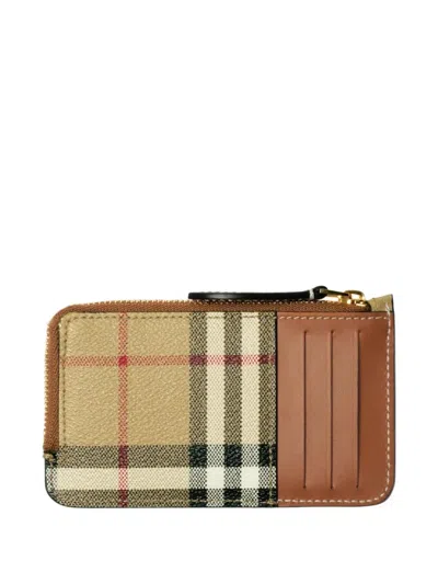Burberry Beige Leather Wallet With Check Pattern And Zip Closure In Brown