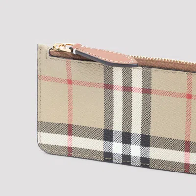Burberry Beige Leather Wallet With Check Pattern And Zip Closure In Brown