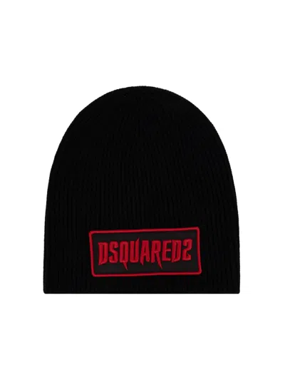 Dsquared2 Gothic Logo Patch Knit Wool Beanie In Black