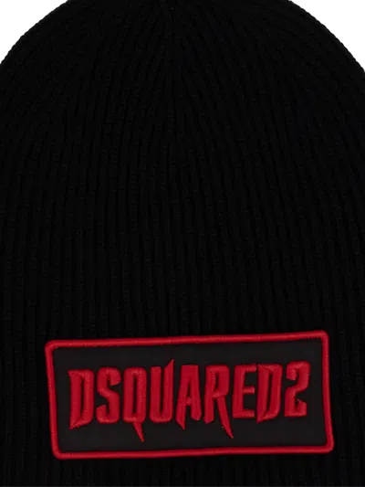 Dsquared2 Gothic Logo Patch Knit Wool Beanie In Black
