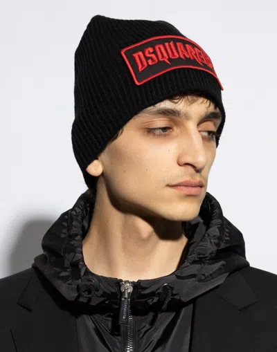 Dsquared2 Gothic Logo Patch Knit Wool Beanie In Black