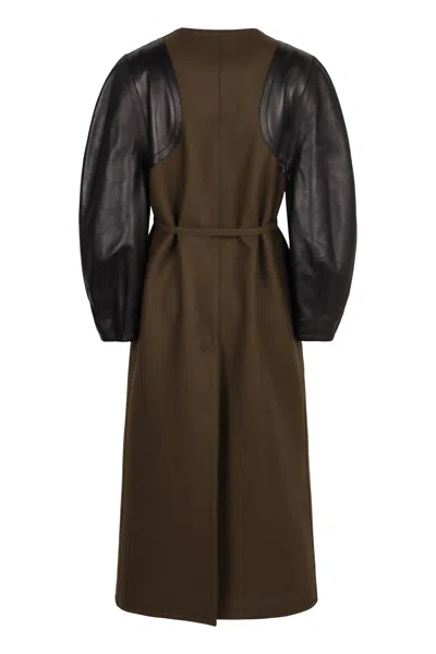 Fendi Women Green Crewneck Coat With Puffed Leather Sleeves And Belt With Ff Plaque In Wool And Visc In Green