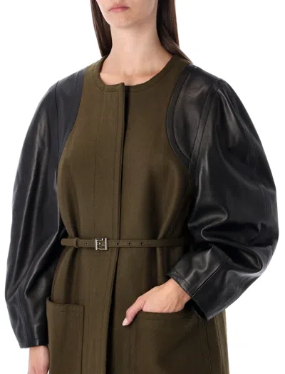 Fendi Women Green Crewneck Coat With Puffed Leather Sleeves And Belt With Ff Plaque In Wool And Visc In Green