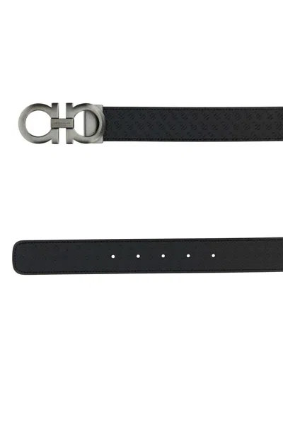 Ferragamo Reversible Leather Belt Adjustable Length Embossed Pattern In Black