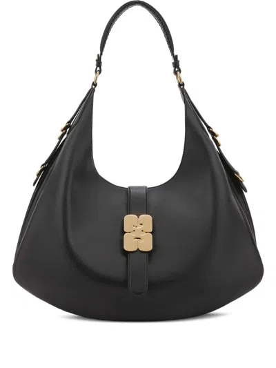 Ganni Black Leather Large Kat Shoulder Bag In Black