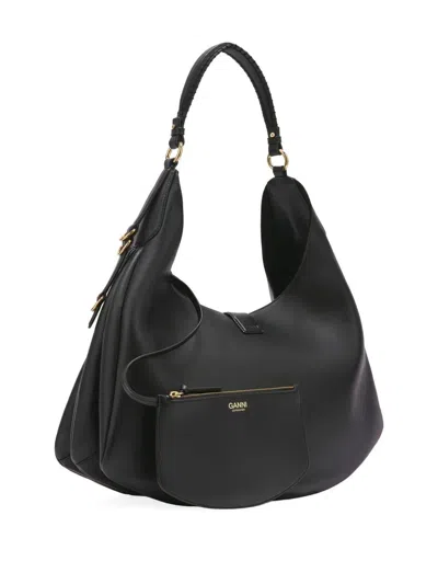 Ganni Black Leather Large Kat Shoulder Bag In Black