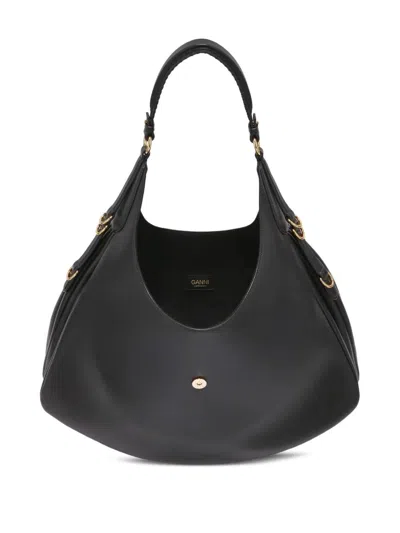 Ganni Black Leather Large Kat Shoulder Bag In Black
