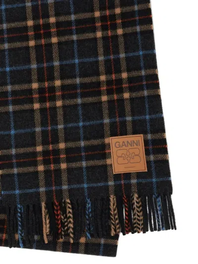 Ganni Fringed Plaid Pattern Scarf Accessory In Multi