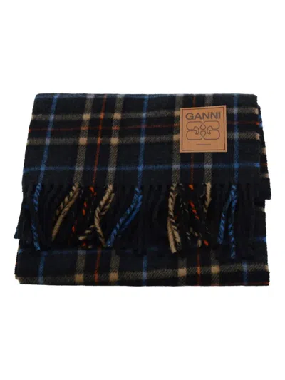 Ganni Fringed Plaid Pattern Scarf Accessory In Multi