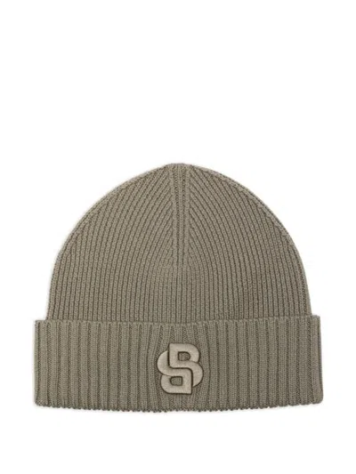 Hugo Boss Logo-embroidered Ribbed Beanie In Brown