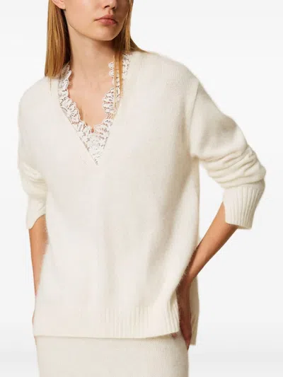 Twinset Angora Blend Sweater With Lace In White