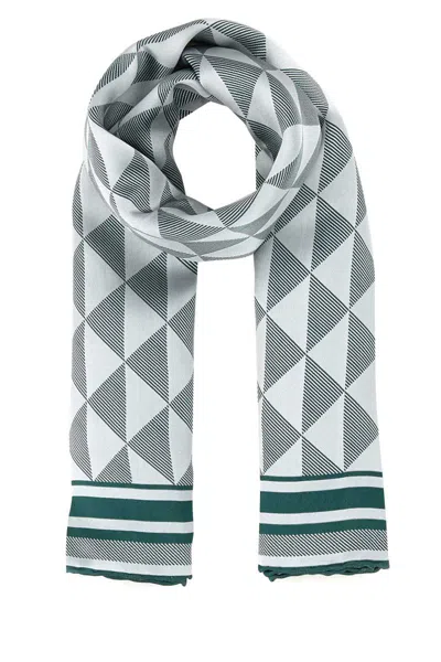 Prada Geometric Silk Scarf Fringed Edges In Gray