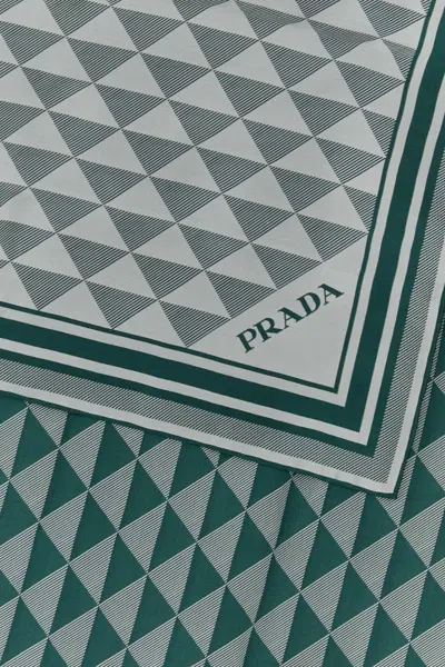 Prada Geometric Silk Scarf Fringed Edges In Gray