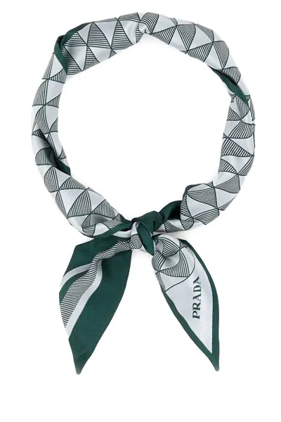 Prada Lightweight Rectangular Silk Scarf With Triangle Pattern In Green