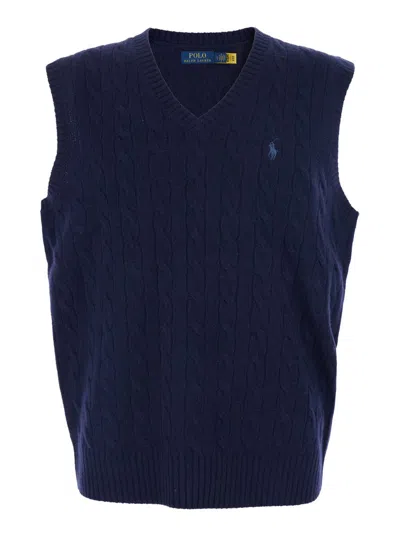 Polo Ralph Lauren Blue Vest With V Neck And Pony Embroidery On The Front In Wool And Cashmere Man In Blue