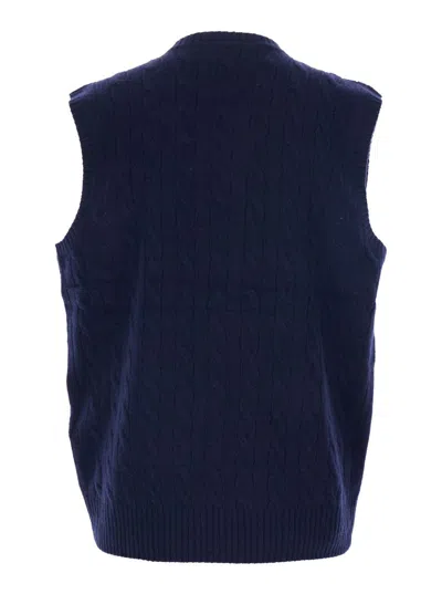 Polo Ralph Lauren Blue Vest With V Neck And Pony Embroidery On The Front In Wool And Cashmere Man In Blue
