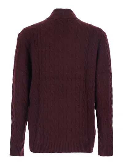Polo Ralph Lauren Bordeaux Cable Knit Sweater With Half Zip Closure And Pony Embroidery On The Front In Wool And Cashm In Red