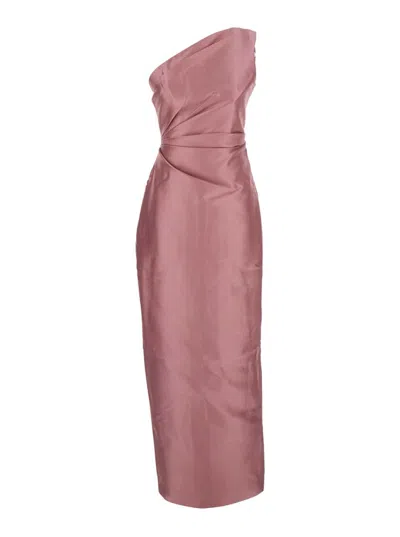 Solace London Kira Pink One-shoulder Long Dress With Draped Details In Twill Woman In Pink