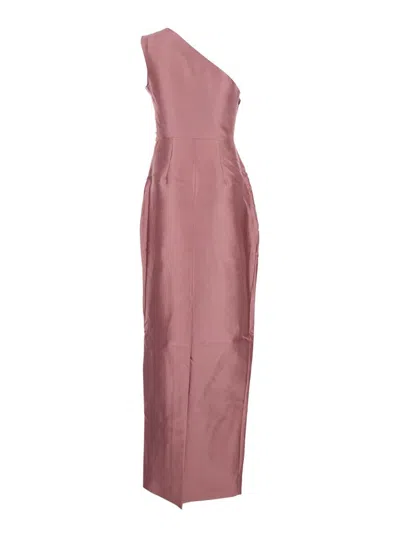 Solace London Kira Pink One-shoulder Long Dress With Draped Details In Twill Woman In Pink