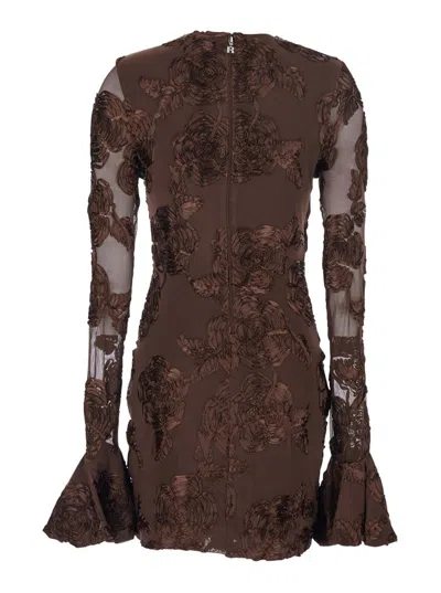 Rotate Birger Christensen Brown Crewneck Mini Dress With Flared Long Sleeves In Tech Fabric Stretch Woman In Brown