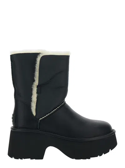 Ugg Fur-trimmed Black Leather Platform Boots With Block Heel In Black