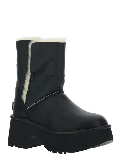 Ugg Fur-trimmed Black Leather Platform Boots With Block Heel In Black