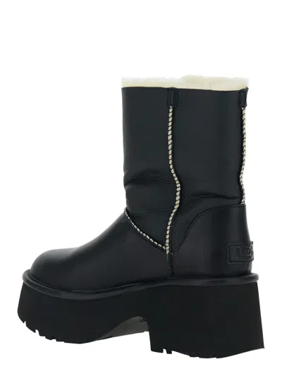 Ugg Fur-trimmed Black Leather Platform Boots With Block Heel In Black