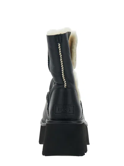 Ugg Fur-trimmed Black Leather Platform Boots With Block Heel In Black