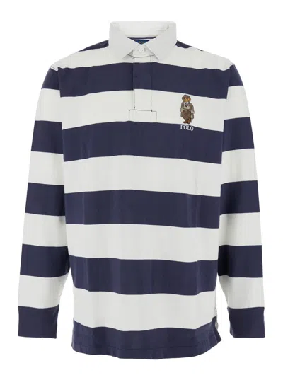 Polo Ralph Lauren Rugby Fit Blue And White Polo Shirt With Logo Embroidery On The Front And All-over Striped Motif In  In Blue