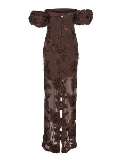 Rotate Birger Christensen Brown Long Dress With Removable Short Sleeves And All-over Floral Embroidery In Tech Fabric Stretch  In Brown