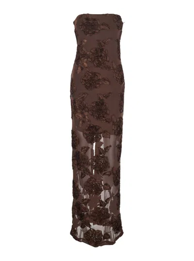 Rotate Birger Christensen Brown Long Dress With Removable Short Sleeves And All-over Floral Embroidery In Tech Fabric Stretch  In Brown