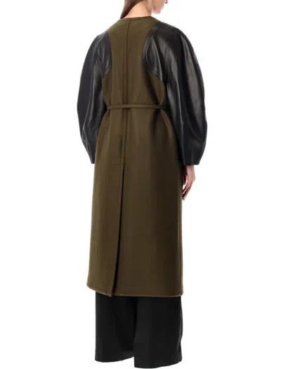 Fendi Women Green Crewneck Coat With Puffed Leather Sleeves And Belt With Ff Plaque In Wool And Visc In Green