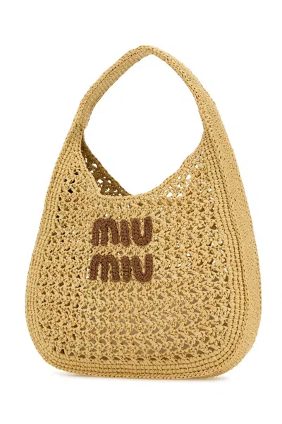 Miu Miu Raffia Top Handle Woven Texture Bag In Neutral