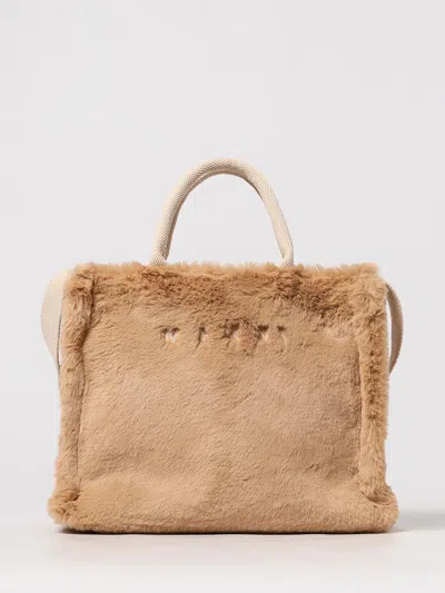 Marni Small Rectangular Basket Bag With Plush Faux Fur Fabric In Brown