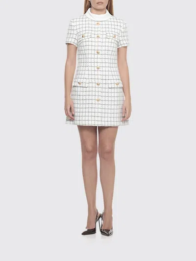 Self-portrait White Mini Dress With Jewel Buttons And All-over Check Motif In Tech Fabric Woman In Neutral