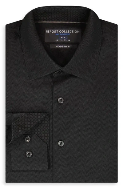 Report Collection Herringbone Print Slim Fit Stretch Dress Shirt In Black