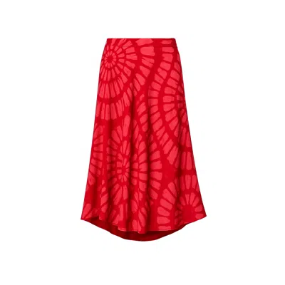 Tantra Spain Sl Women's Red Midi Skirt With Silk, Geometric Print, Flare, Pockets, And Elastic Waistband In Red