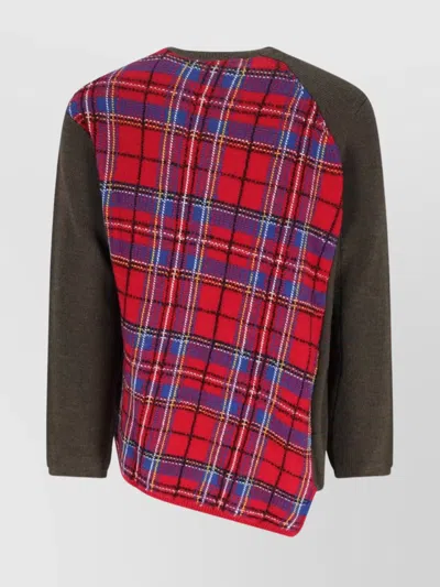 Comme Des Garçons Asymmetric Plaid Crew Neck Sweater In Brown