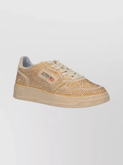 Autry Medalist Low Sneakers In Bronze Suede With Crystal Micro Rhinestones In Neutral