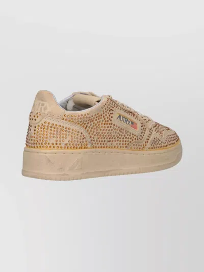 Autry Medalist Low Sneakers In Bronze Suede With Crystal Micro Rhinestones In Neutral