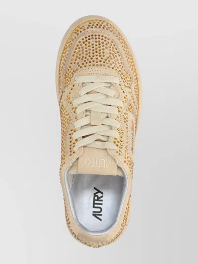 Autry Medalist Low Sneakers In Bronze Suede With Crystal Micro Rhinestones In Neutral