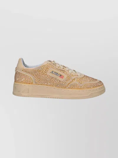Autry Medalist Low Sneakers In Bronze Suede With Crystal Micro Rhinestones In Neutral