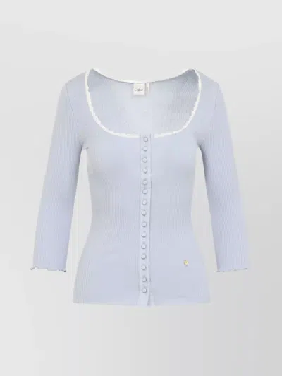 Chloé Knitwear With Contrast Trim And Scalloped Edges In Blue