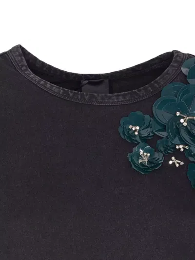 Pinko Front Sequins Floral Short Sleeve Top In Blue