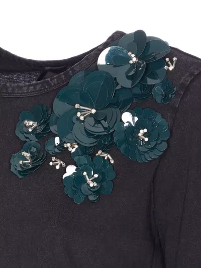 Pinko Front Sequins Floral Short Sleeve Top In Blue