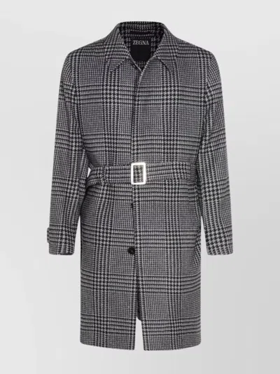Zegna Houndstooth Pattern Coat Belted Waist In Black