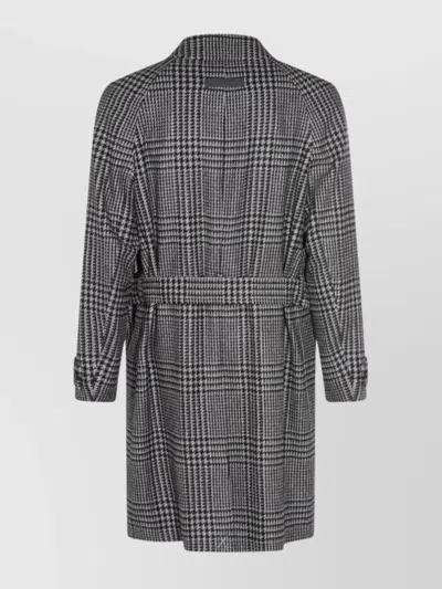 Zegna Houndstooth Pattern Coat Belted Waist In Black
