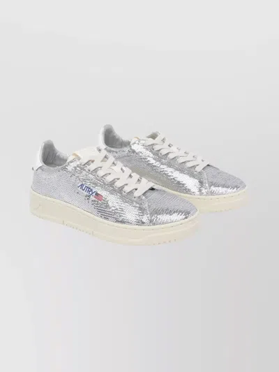 Autry Dallas Low Sparkling Sneakers In Silver And White Sequins Shoes In Silver