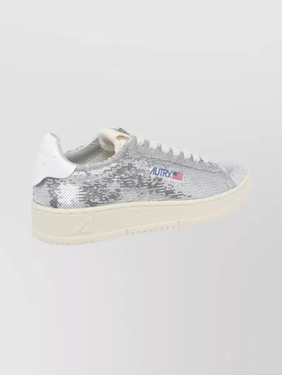 Autry Dallas Low Sparkling Sneakers In Silver And White Sequins Shoes In Silver