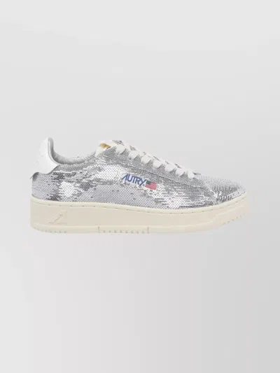 Autry Dallas Low Sparkling Sneakers In Silver And White Sequins Shoes In Silver